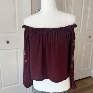 Bershka Burgundy Off-Shoulder Crop Top